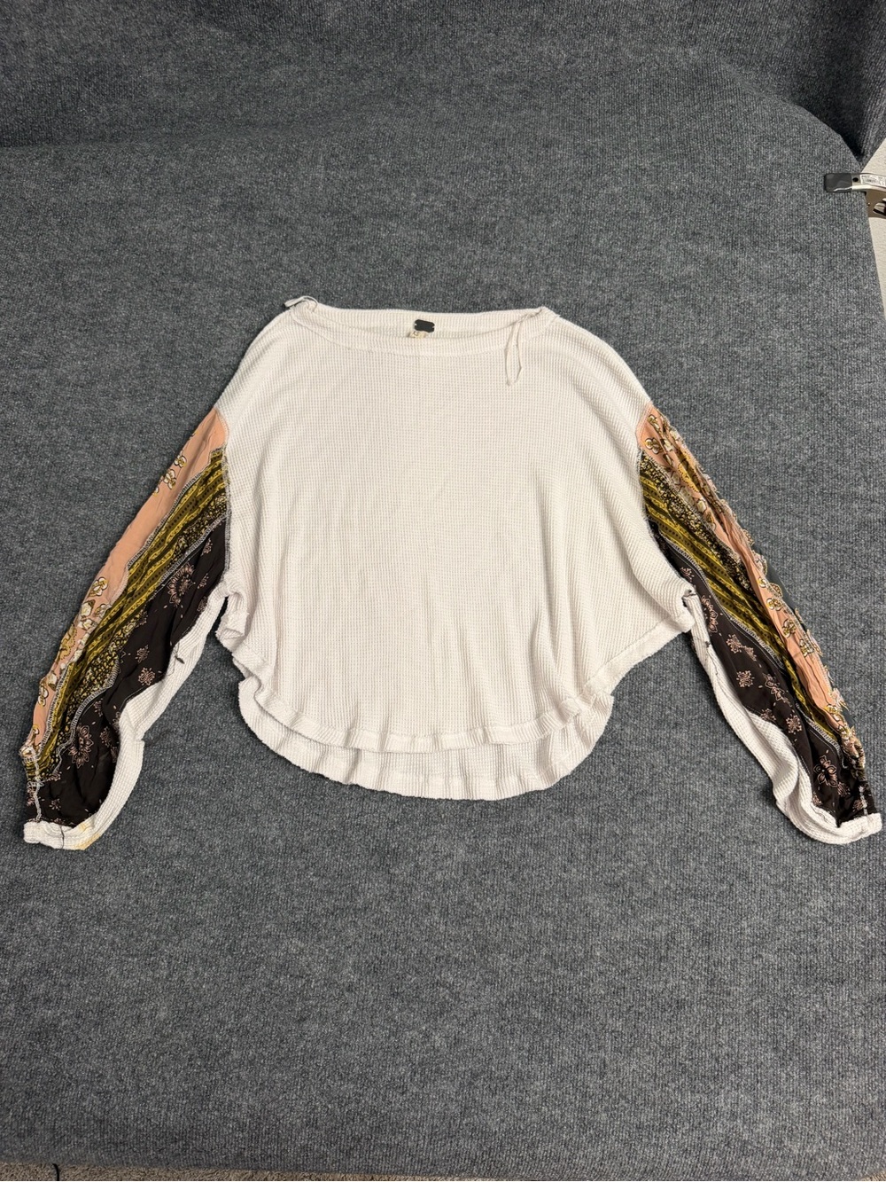 We The Free Cream Waffle-Knit Sweatshirt with Printed Balloon Sleeves